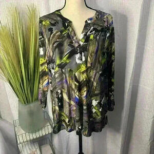 NEW Sno Skins USA Women’s Large Long Sleeve Blouse Abstract Art V-Neck Tunic Top